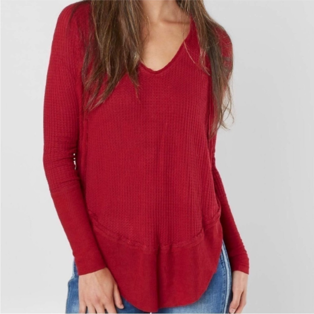 Free People Catalina Top Coral Red Waffle Knit Thermal Long Sleeve Size Medium